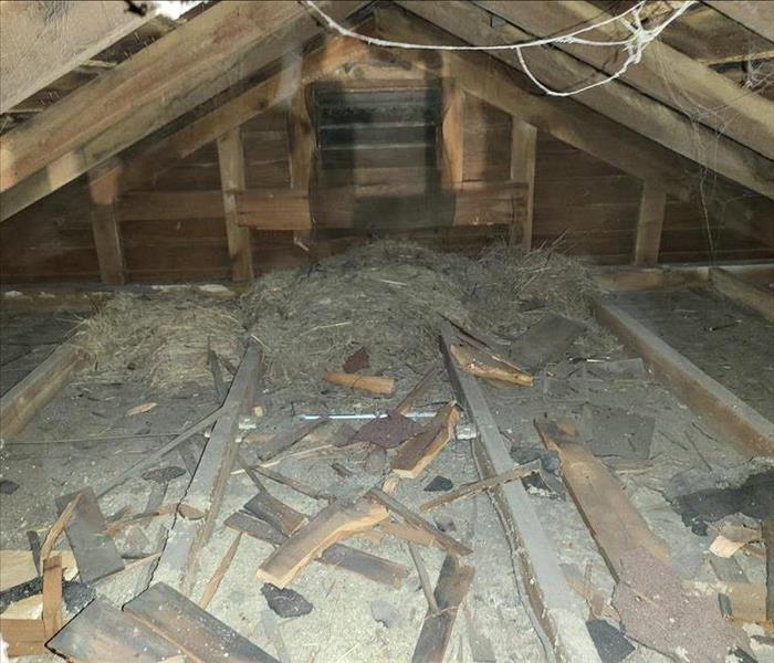 Attic that was affected by a fire. 